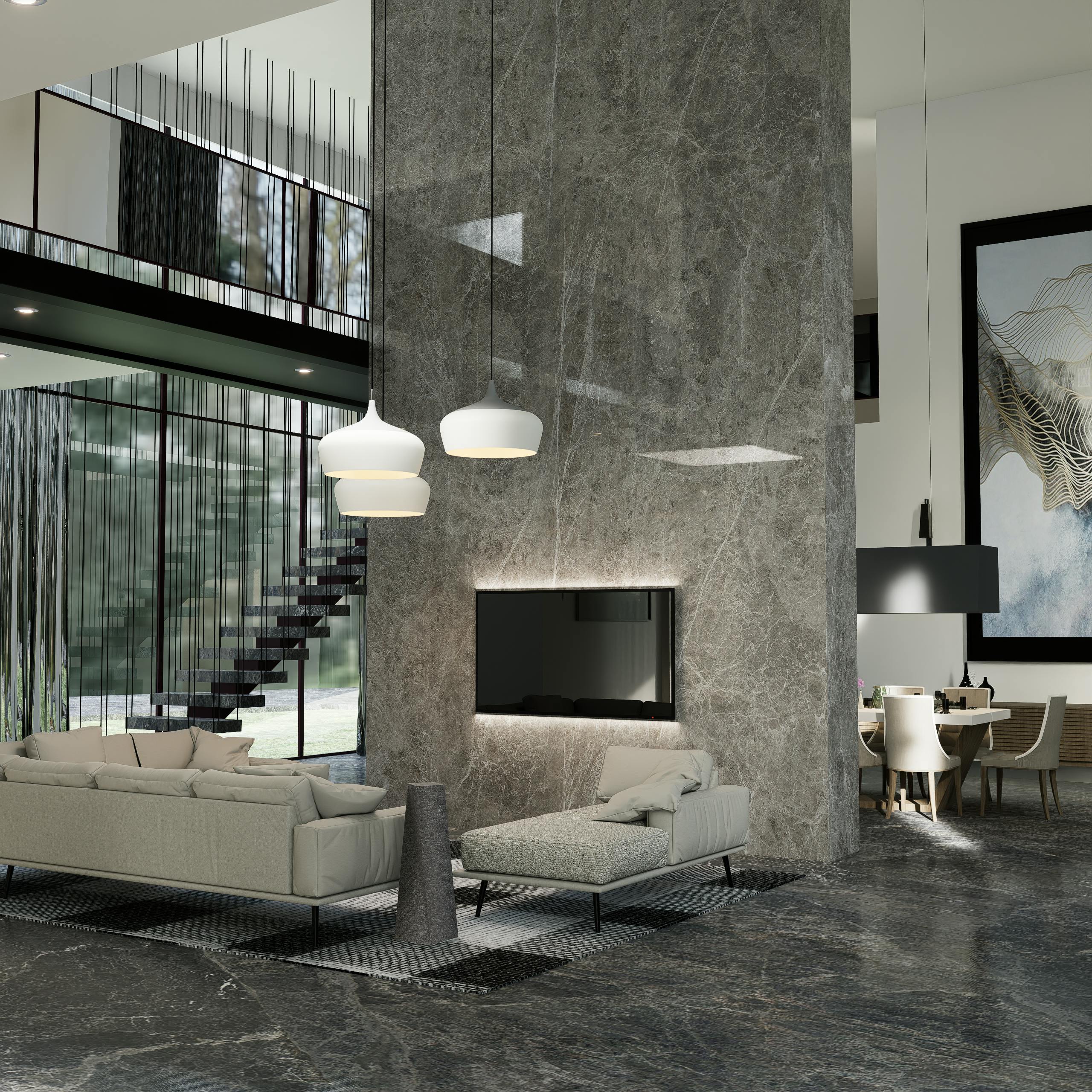 Stylish modern living room featuring minimalist design and rich textures for a luxurious feel.